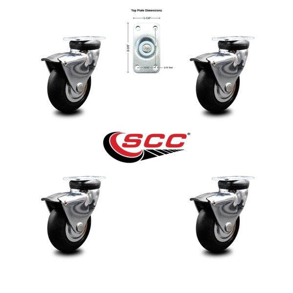 3 Inch Bright Chrome Hooded Neoprene Rubber Top Plate Casters with Brake, 4PK